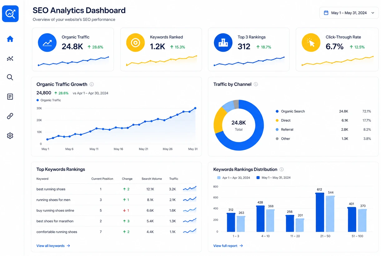 SEO analytics dashboard showing keyword rankings and organic traffic growth